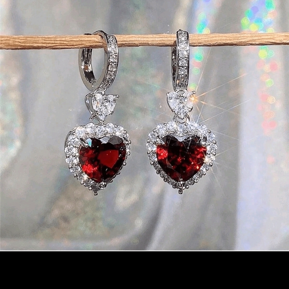 Elegant Heart-Shaped Red and Silver Earrings Cubic Zirconia Fake Diamond